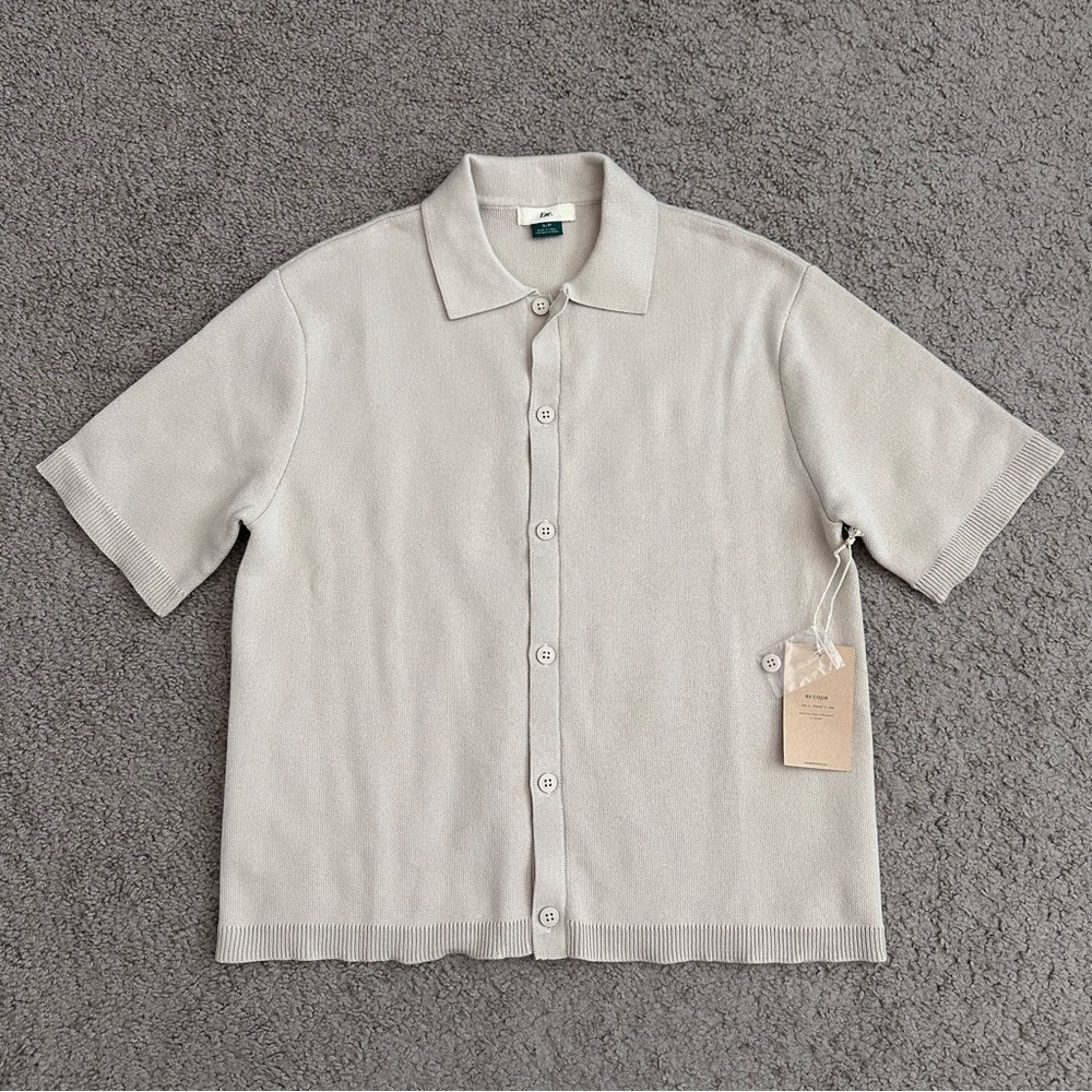 Escape Beige Knit Button Up Short Sleeve Shirt Mens S